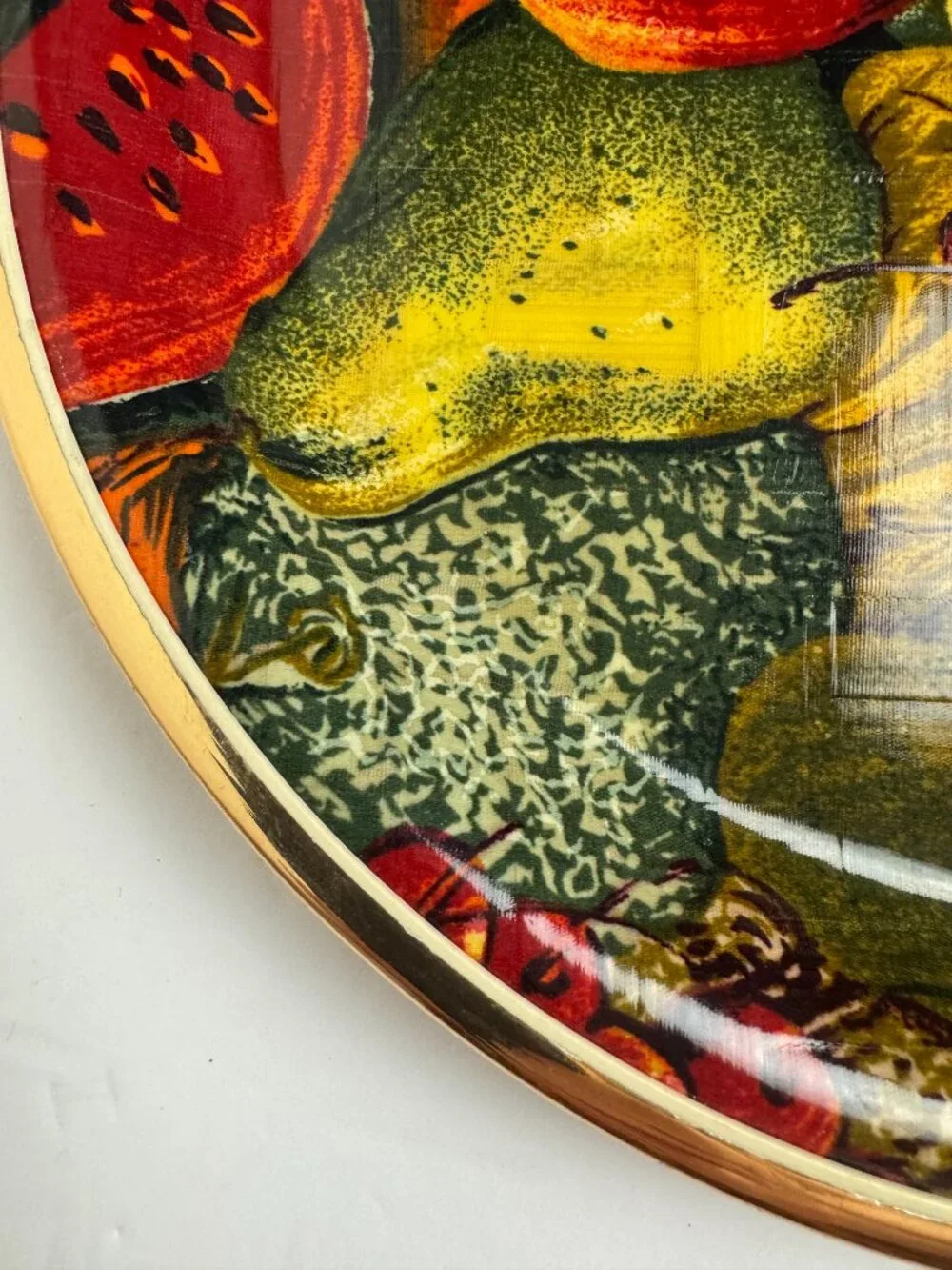 Vintage Mid Century Oval Serving Tray Fruit Still Life Gold Metal Rim Decor
